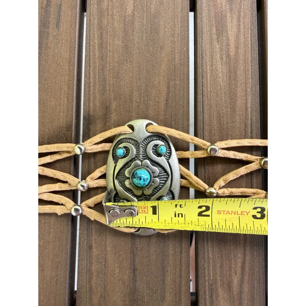 Western Boho Tan Faux Leather Tie Belt Turquoise Silver Concho Medallions Fringe